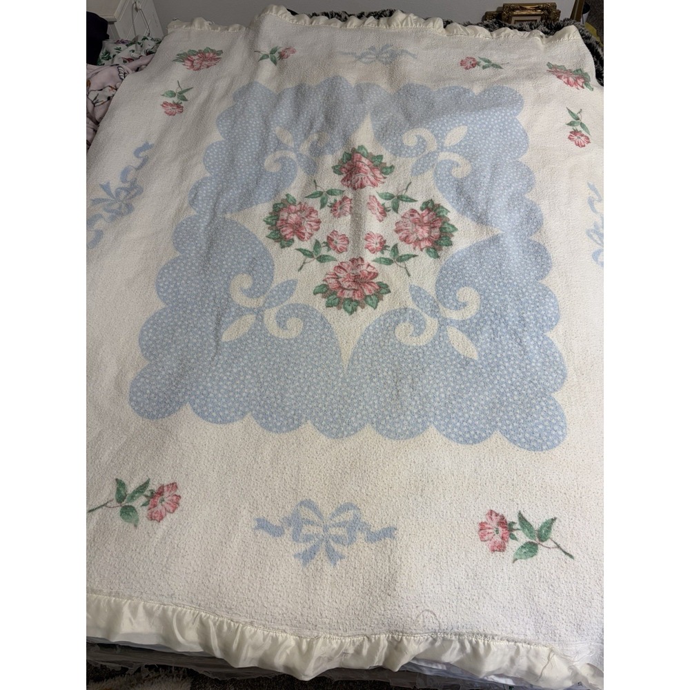 Vintage 70s Floral Bow Twin Size Cotton? Thermal Blanket Satin Trim 78"x 60"